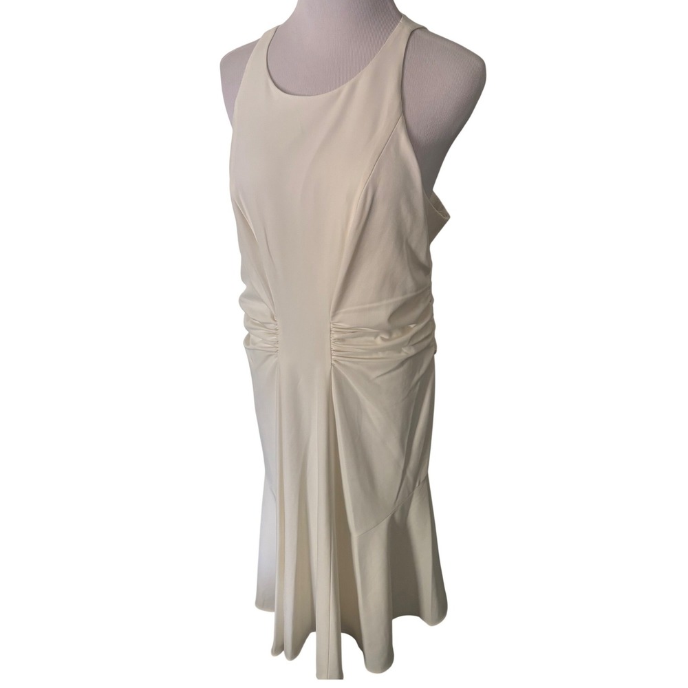 Halston Heritage Dress 14 NWT Chalk White Ruched Cocktail Sleeveless Fluted $295